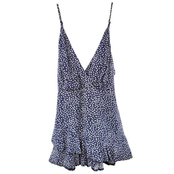 SEEK The Label Navy Blue White Floral Print Cami Top Ruffle Hem Romper Women’s M - Picture 1 of 9